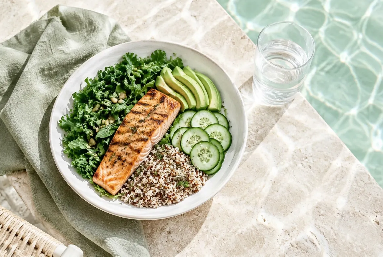 A fresh balanced meal beside sunlit pool water