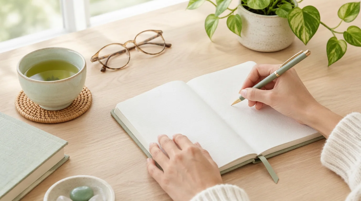 Close-up of hands writing wellness notes on a sunlit desk