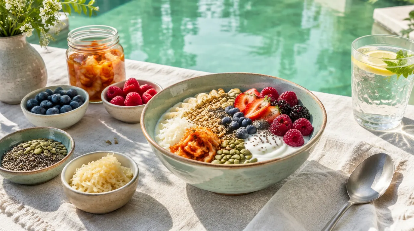 A colorful gut friendly breakfast bowl with berries, seeds and fermented foods beside calm jade pool water