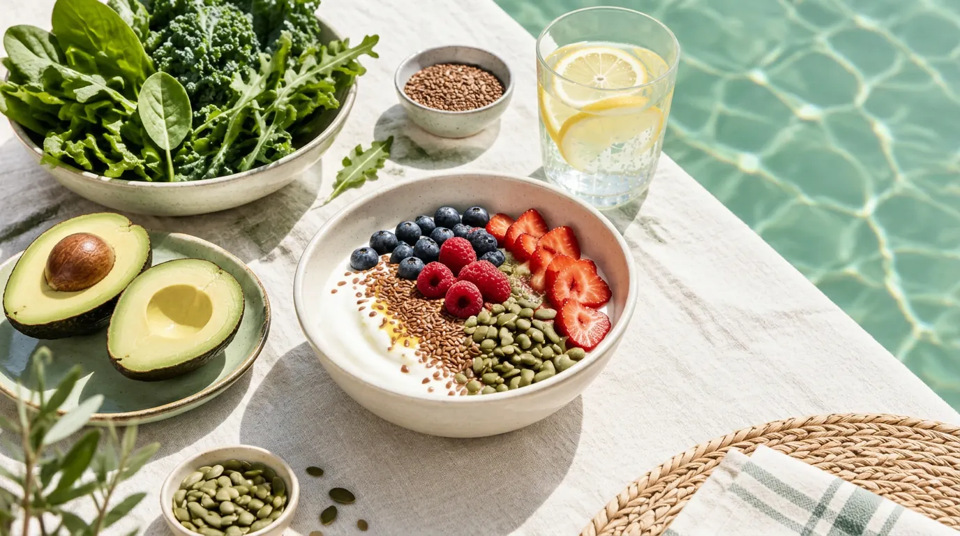 A hormone-supporting breakfast spread beside jade pool water