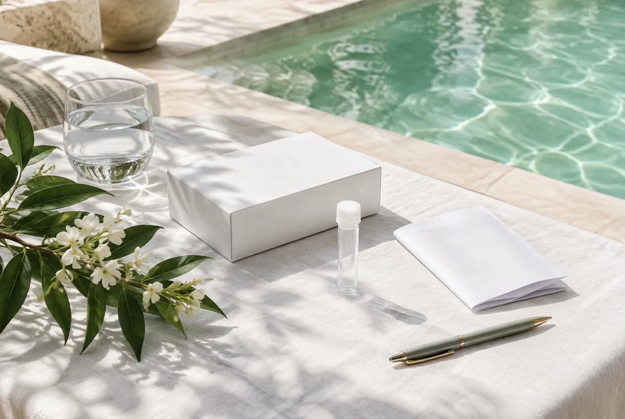An illustrative at-home testing kit with water and fresh greenery on white linen
