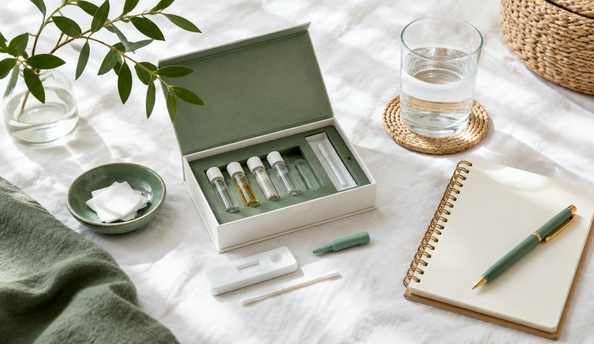 An at home testing kit with glass vials arranged on white linen beside a notebook and a glass of water